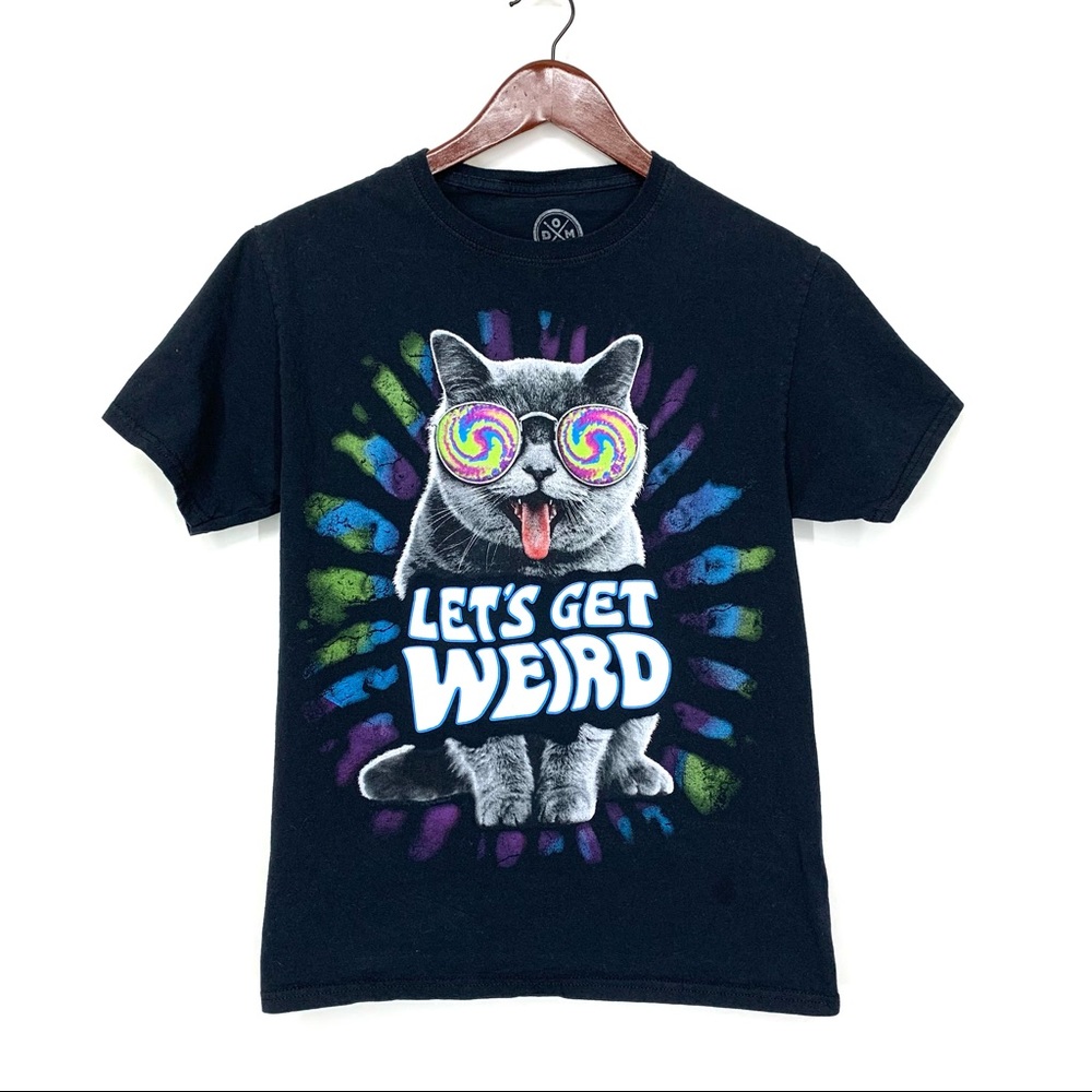 Warped Sunglasses Let’s Get Weird Cat Tee Black Purple Multi Unisex Size Small